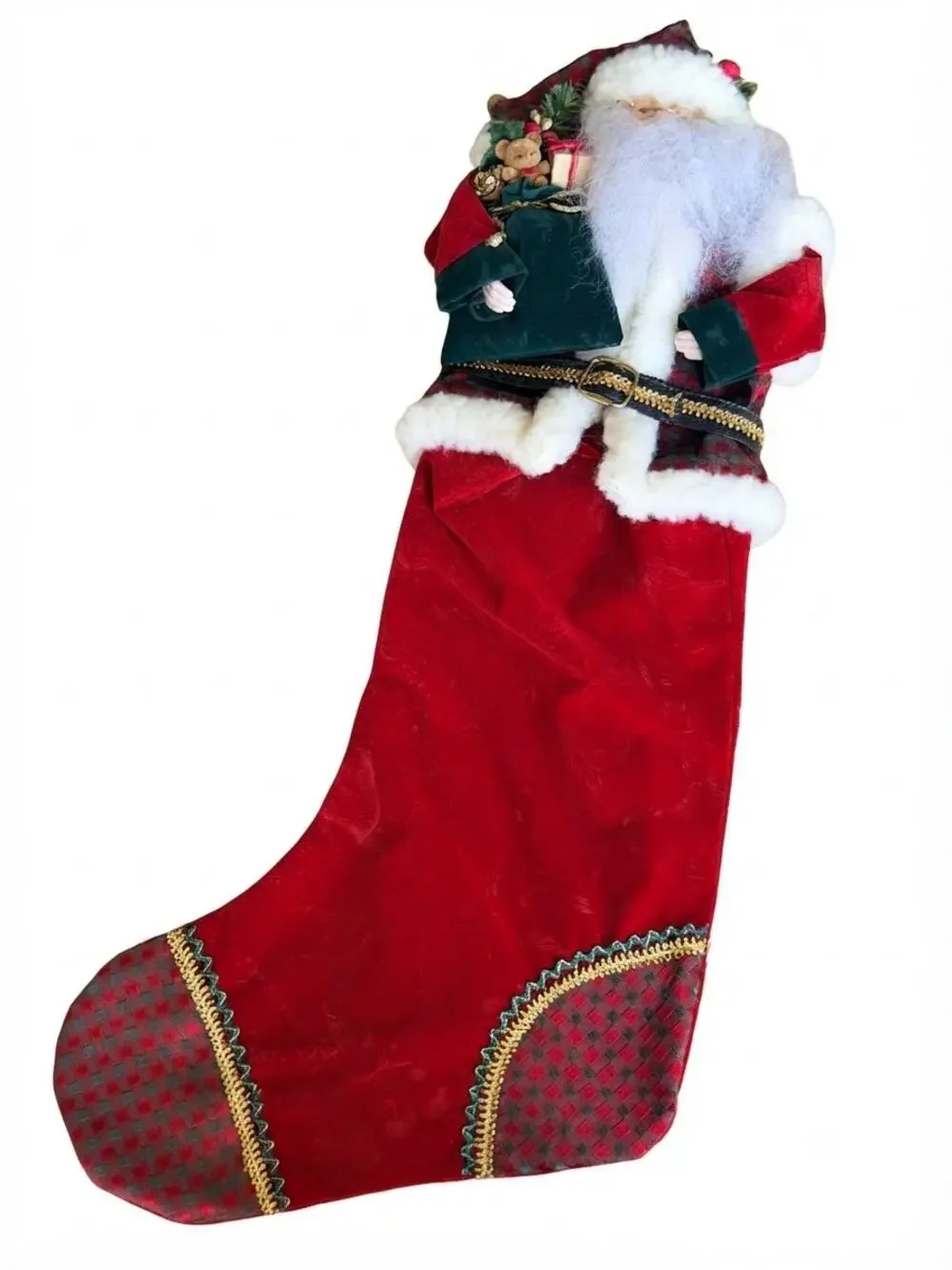 Vintage Santa Christmas Stocking with Attached Plush Santa Figure, Decor
